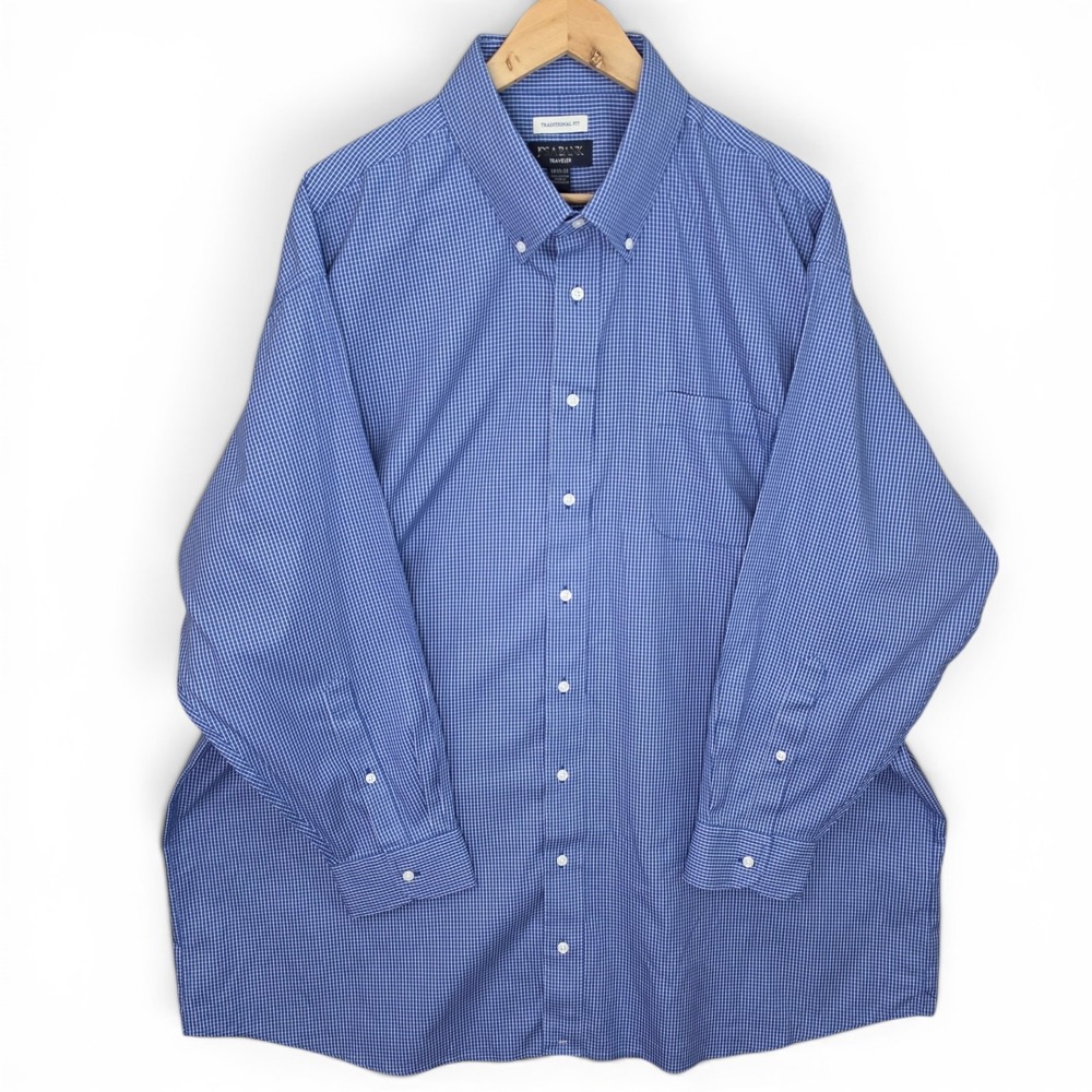 Jos A Bank Dress Shirt Mens 18.5 33 Blue Mini Check Button Traveler Traditional